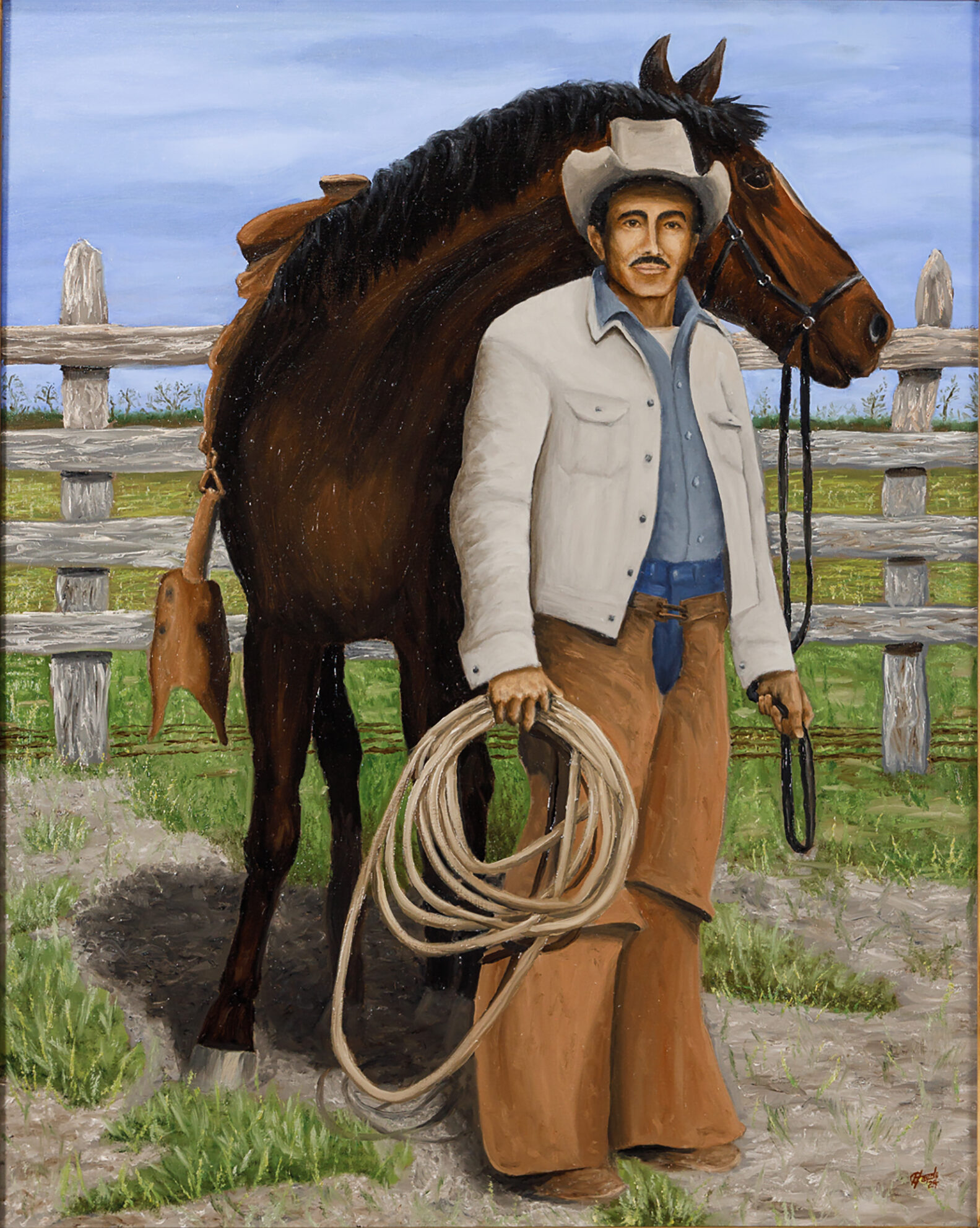 Original oil portrait painting of a working cowboy with his horse by Hayward Gaude