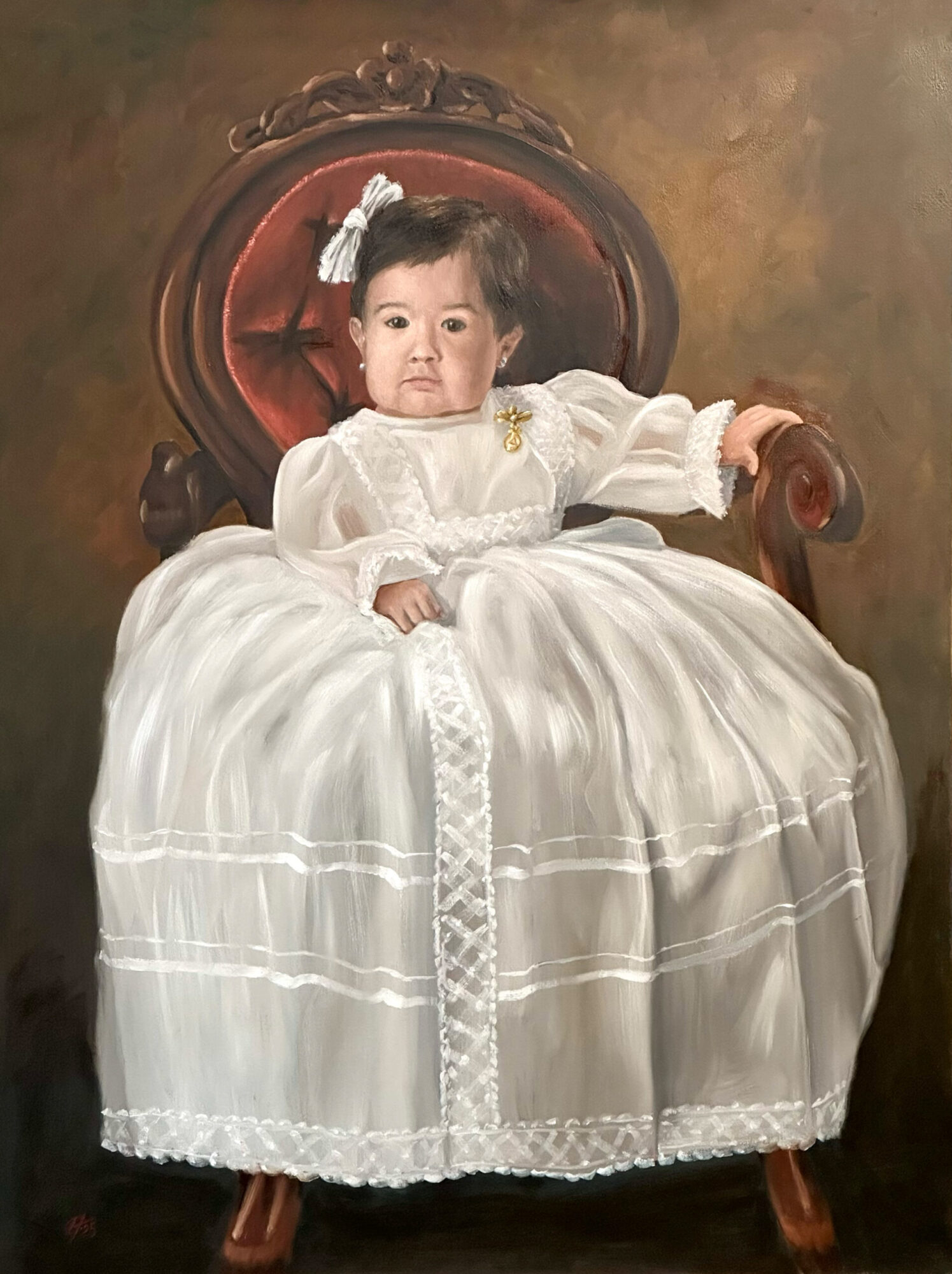 Oil portrait of baby girl Anapaula seated in a Victorian-style red velvet chair wearing a long white christening gown. Painted by Hayward Gaude.