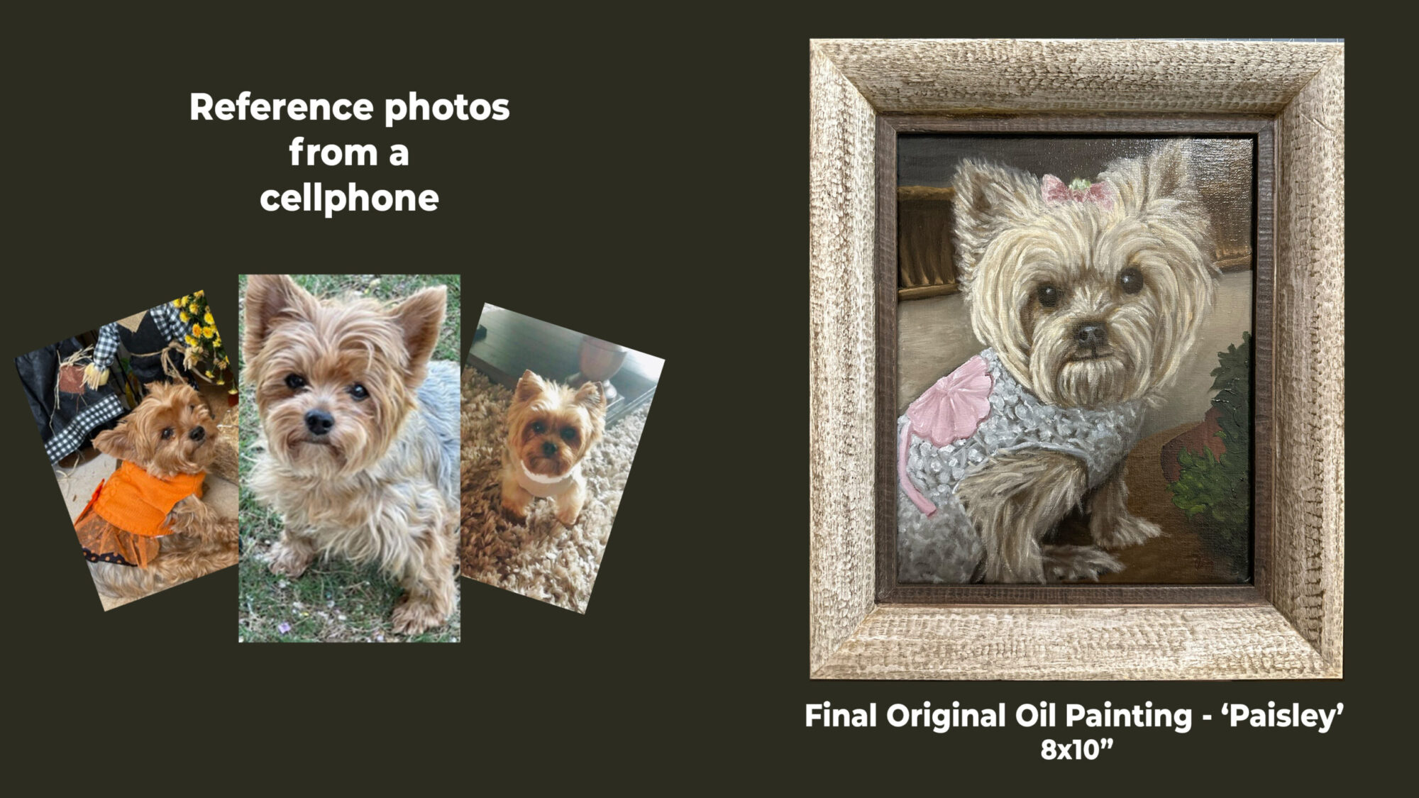 Before and after transformation of a Yorkshire Terrier painting from cellphone images
